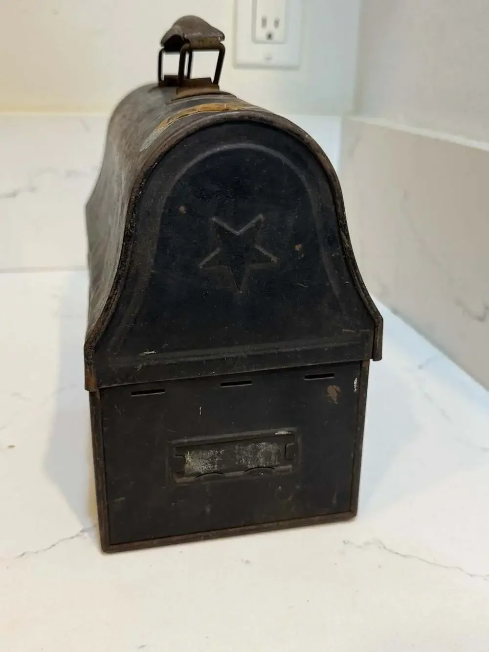 Vintage Mid-Century Black Metal Dome Top Workman's Lunchbox with Star Detail